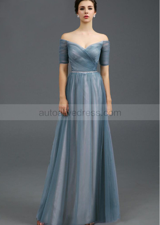 Off Shoulder Gray Blue Tulle Pleated Long Evening Dress
